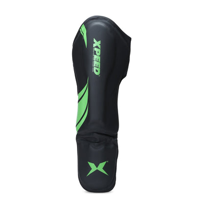 Xpeed XP1806 green MMA shin pad made of premium PU material, designed for martial arts and combat sports protection.