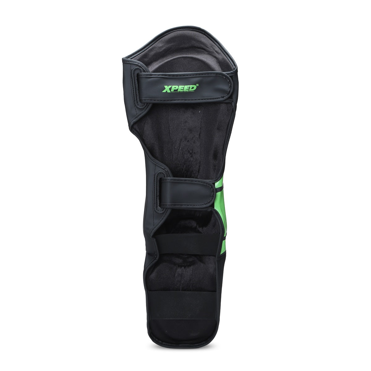 Green Xpeed XP1806 MMA shin pad with premium PU material, designed for martial arts and combat sports protection.