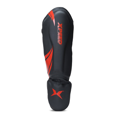 Red Xpeed XP1806 MMA shin pad with premium PU material, designed for martial arts and combat sports protection.
