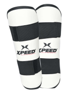 Xpeed XP2008 shin guard made of PU foam, designed for martial arts, covering knee and leg protection in black with branding details.