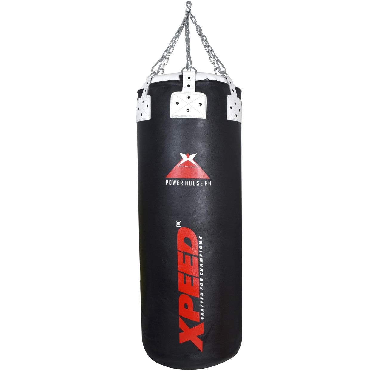 Black and white Xpeed XP207 leather punching bag measuring 120x45 cm, shown hanging with detailed stitching and durable design