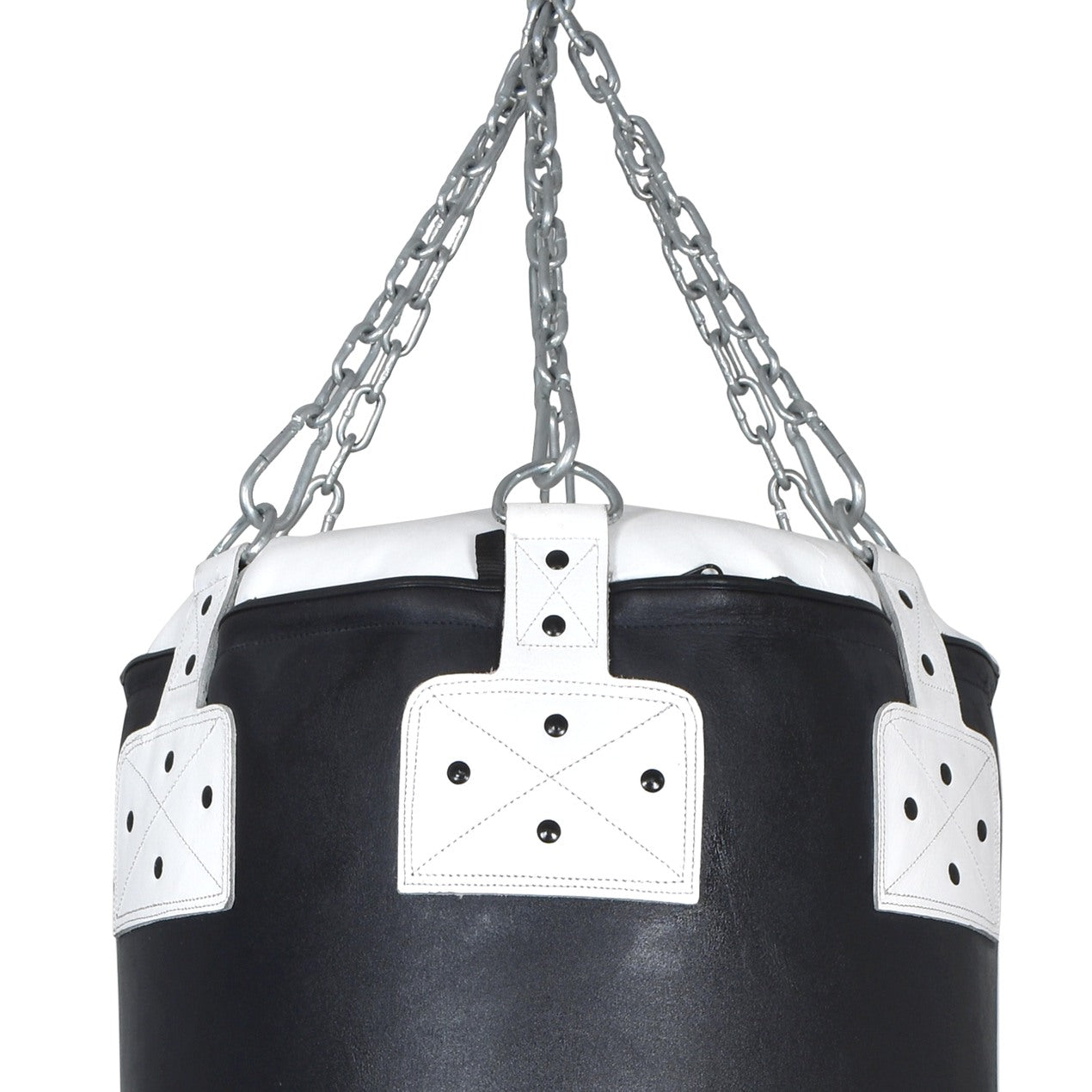Xpeed XP207 all leather punching bag in black and white, 120x45 cm, hanging for boxing training or workout routines.