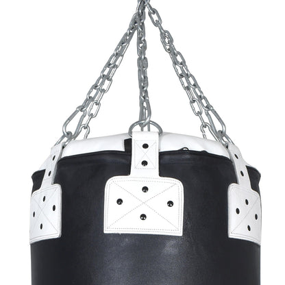 Xpeed XP207 all leather punching bag in black and white, 120x45 cm, hanging for boxing training or workout routines.