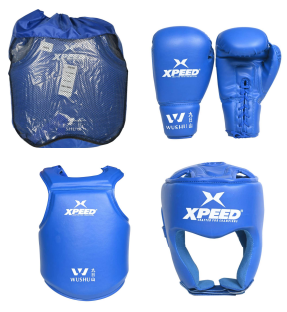 Xpeed XP2105 Wushu kit with boxing gloves, headguard, and chest guard set, displayed on a neutral background.