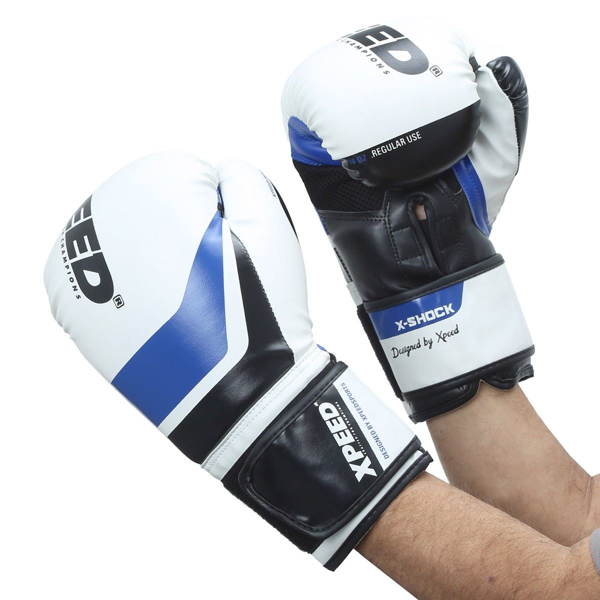 Blue XPEED XP2473 X-Shock boxing glove with padded wrist support and breathable design for training and sparring.