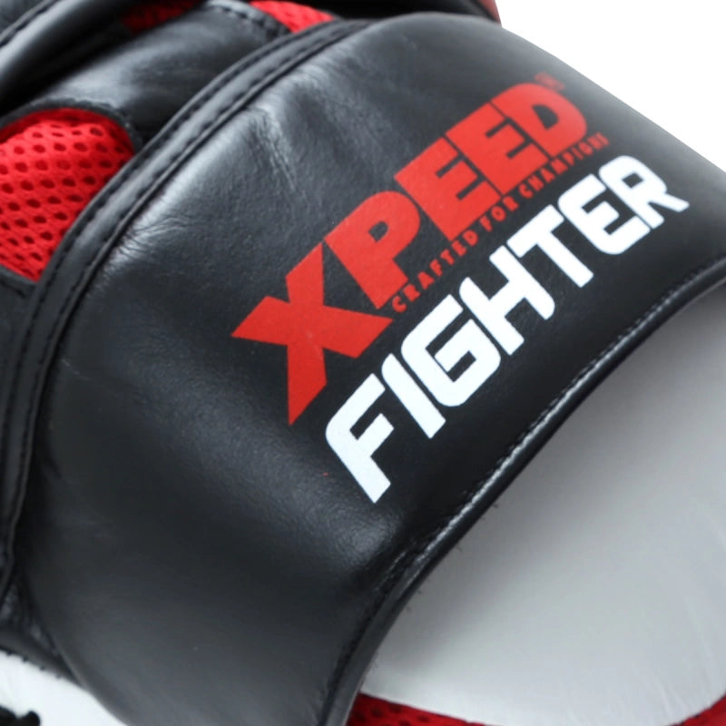 Xpeed XP2487 fighter focus pad with goat leather cover and GelTech impact zone, designed for boxing training and striking practice.