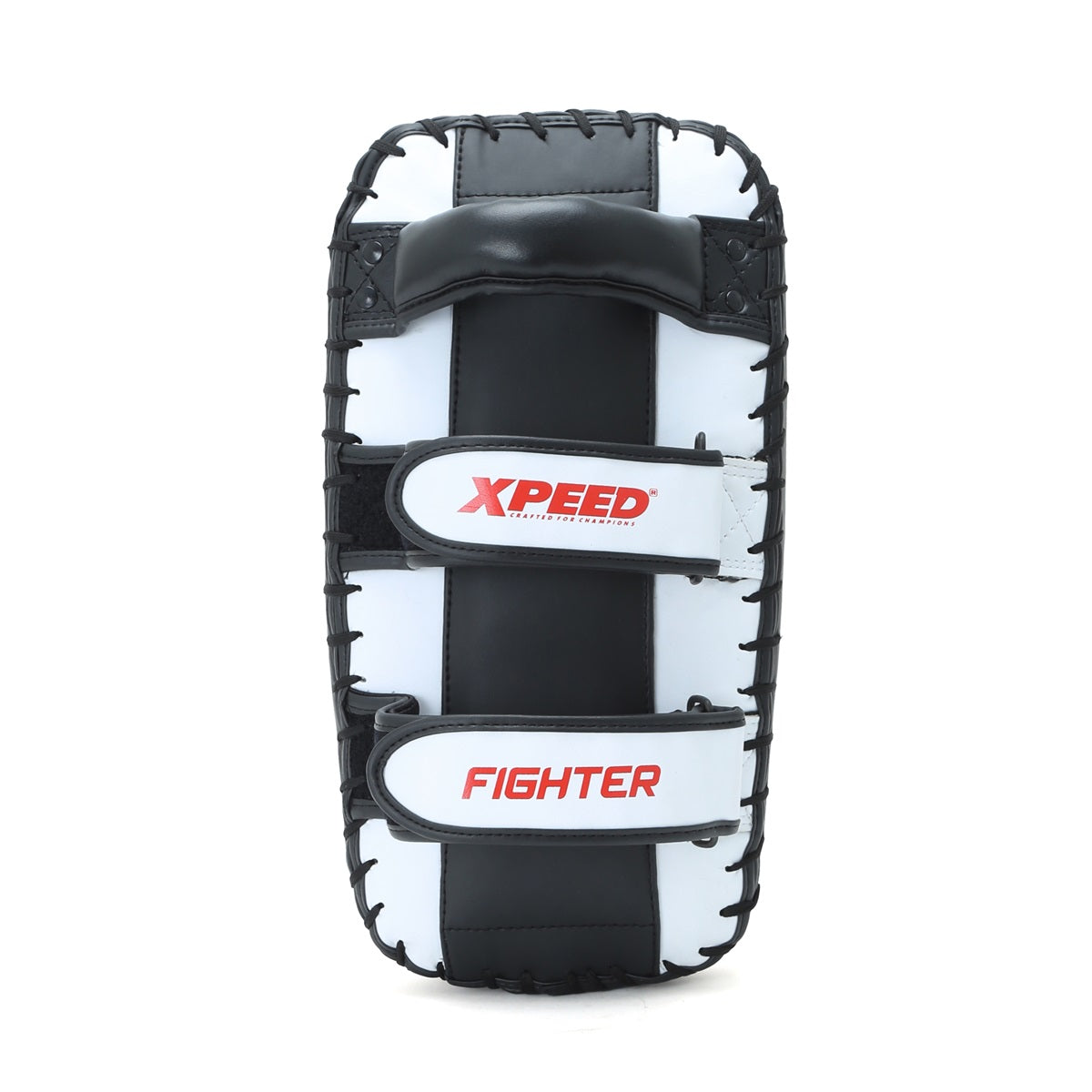 Xpeed XP2489 Fighter Thai Pad for kickboxing and MMA training, showing a black and red striking shield with padded surface.