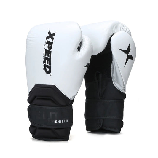 Xpeed XP2801 Elite Contender boxing gloves with black and red design, padded wrist support, and professional-grade protection.