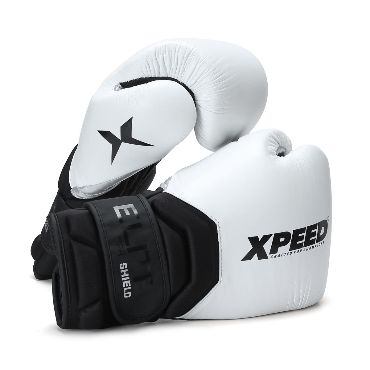 Xpeed XP2801 Elite Contender boxing gloves in black with padded wrist support and adjustable strap for professional protection.
