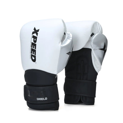 Xpeed XP2802 sparring boxing gloves in black with red accents, featuring padded wrist support and durable synthetic leather construction.