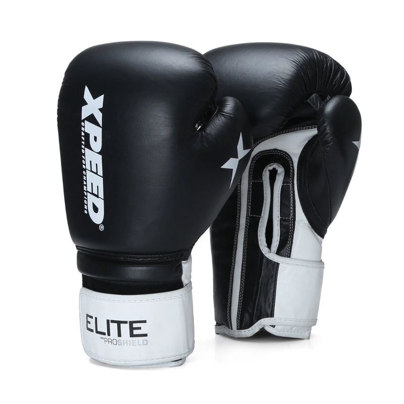 Xpeed XP2805 Elite professional boxing gloves in black with sleek design and padded wrist support for enhanced boxing performance.