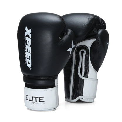 Xpeed XP2805 Elite professional boxing gloves in black with sleek design and padded wrist support for enhanced boxing performance.