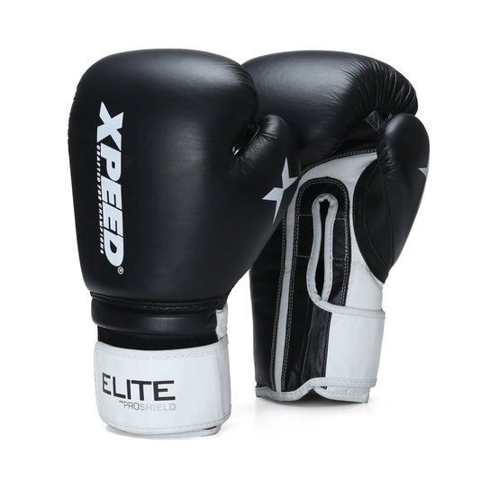 Xpeed XP2805 Elite professional boxing gloves in black with sleek design and padded wrist support for enhanced boxing performance.