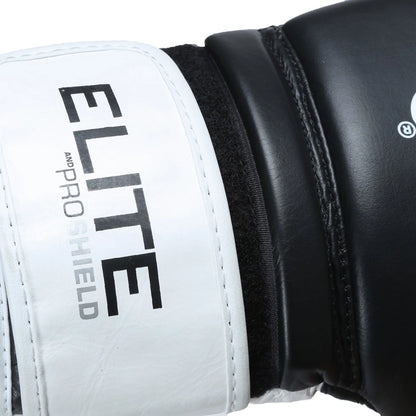 Xpeed XP2805 Elite Professional Boxing Gloves in black with red accents, showcasing padded palms and adjustable wrist straps.