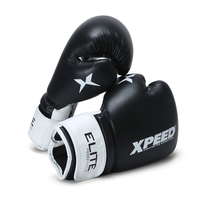 Xpeed XP2805 Elite professional boxing gloves in black with padded wrist support and sleek design for optimal performance.