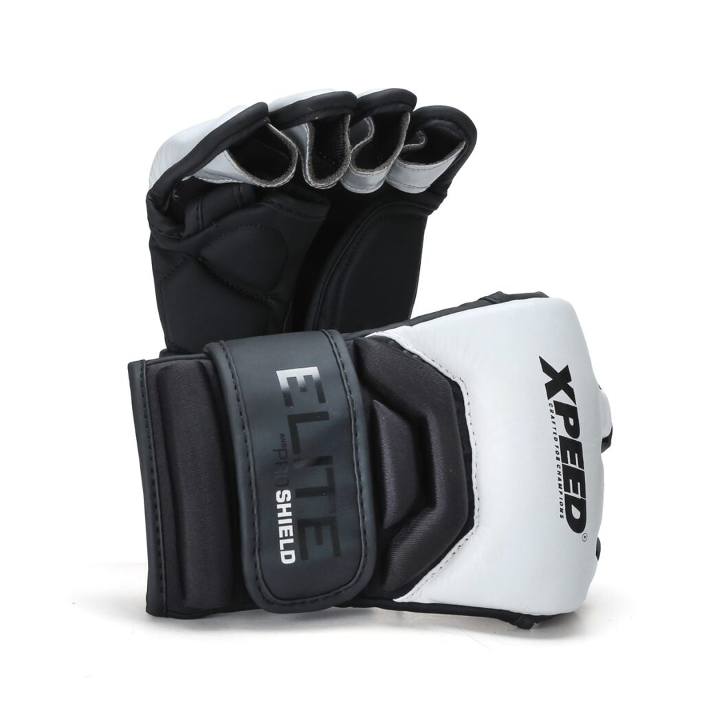 Xpeed Elite MMA glove XP2807 for sparring and training, black and red design with padded wrist support.