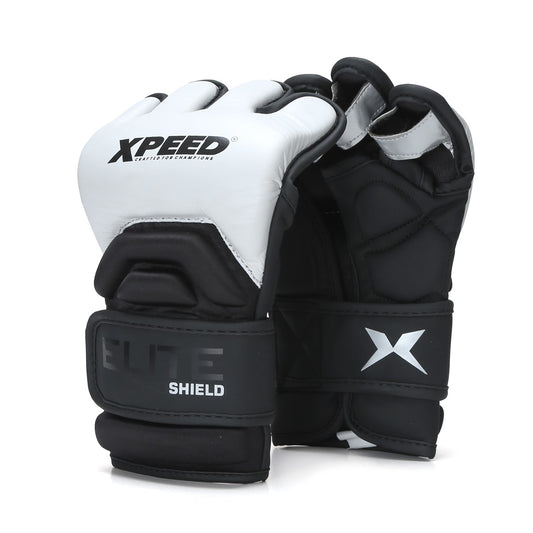 Xpeed Elite MMA glove XP2807 for sparring and training, black and red design with padded wrist support.