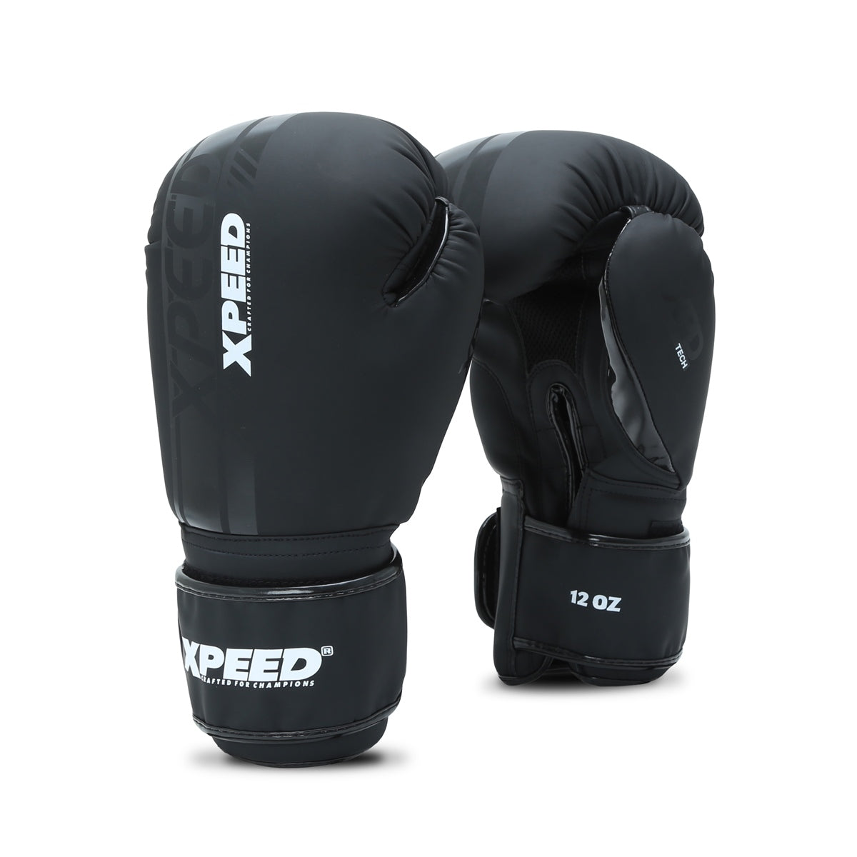 Black Xpeed XP3051 Matt PU Boxing Gloves for professional training and sparring, showing the snug fit and padded design.