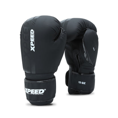 Black Xpeed XP3051 Matt PU Boxing Gloves for professional training and sparring, showing the snug fit and padded design.
