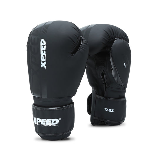 Black Xpeed XP3051 Matt PU Boxing Gloves for professional training and sparring, showing the snug fit and padded design.