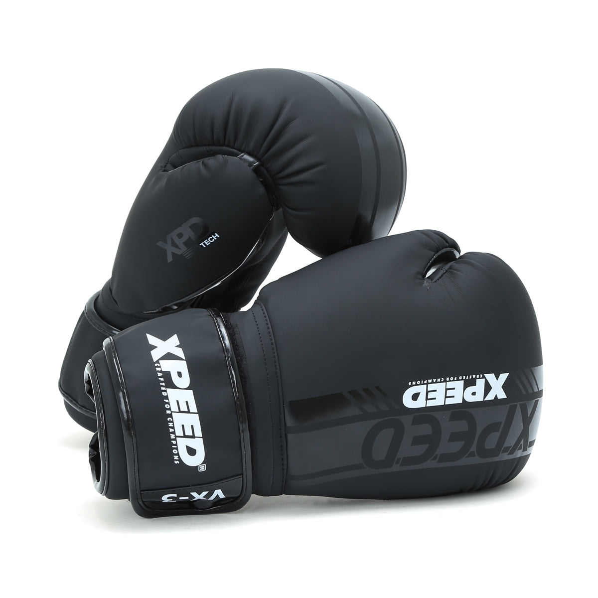 Black Xpeed XP3051 Matt PU boxing gloves for professional training and sparring, featuring durable padding and secure wrist straps.