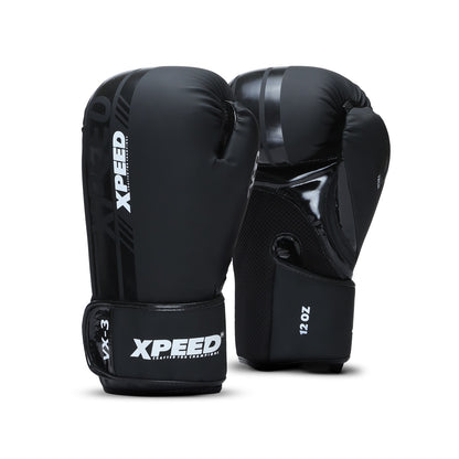 Black Xpeed Matt PU boxing glove with padded wrist support and sleek matte finish, designed for training and sparring.
