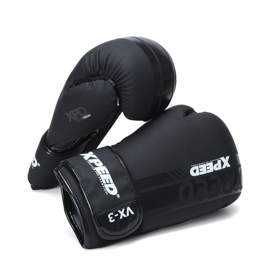 Black Xpeed Matt PU Boxing Glove with padded wrist support, designed for training and competition.