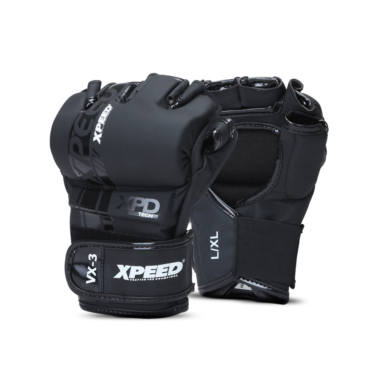 Xpeed XP3054 matte black PU MMA glove with cut finger design, padded for training and fighting, on a plain background.