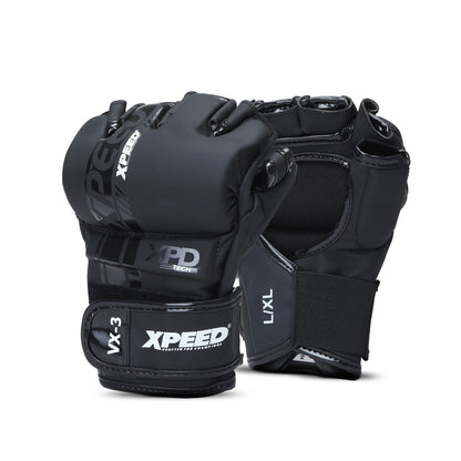 Xpeed XP3054 matte black PU MMA glove with cut finger design, padded for training and fighting, on a plain background.