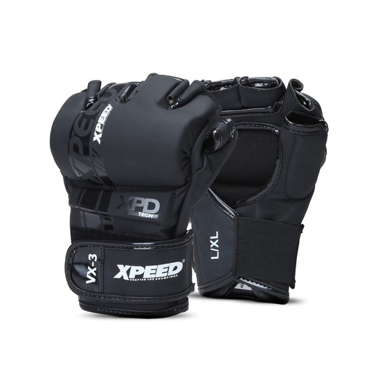 Xpeed XP3054 matte black PU MMA glove with cut finger design, padded for training and fighting, on a plain background.