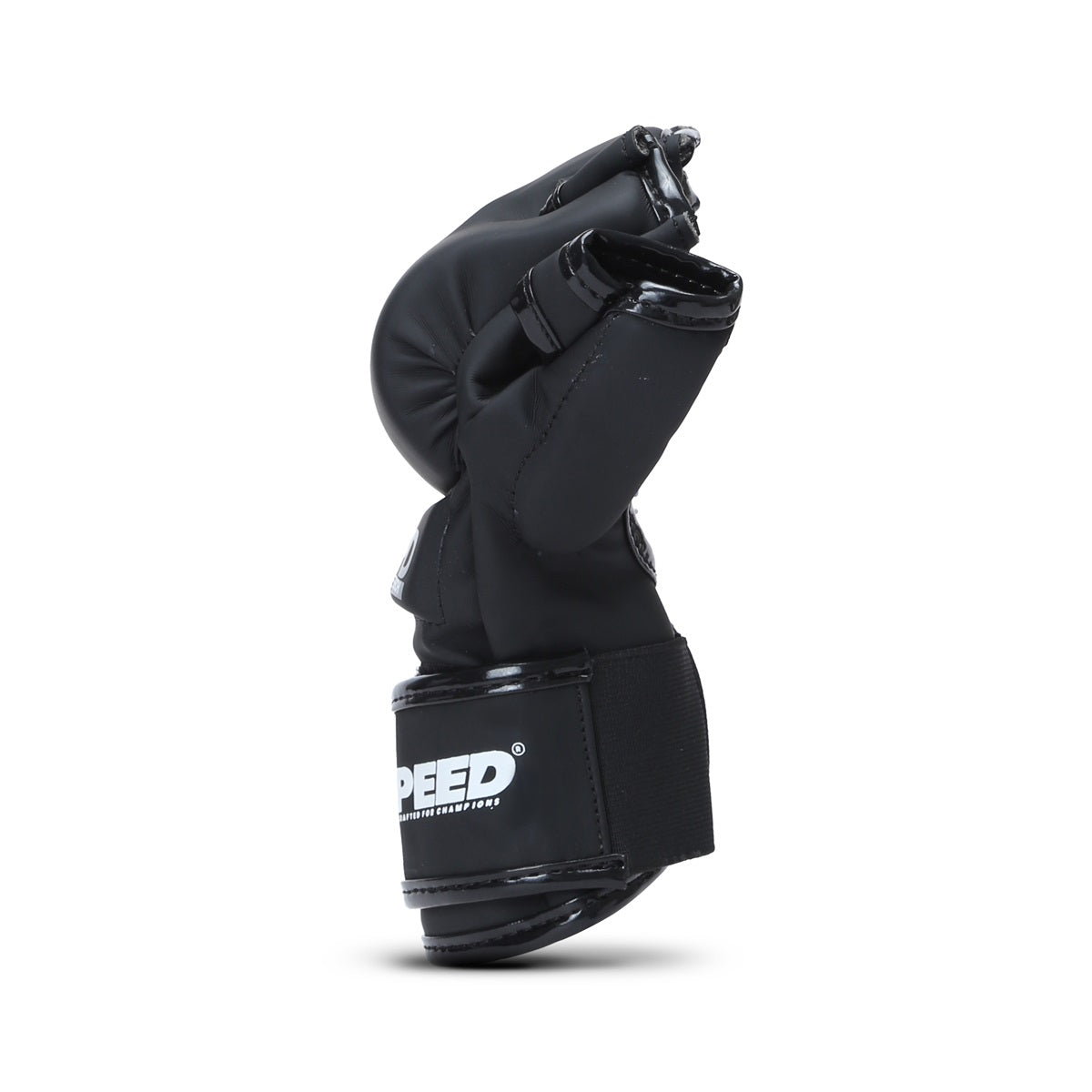 Black Xpeed XP3054 Matt PU MMA glove with cut finger design, featuring a sleek matte finish and padded wrist support.