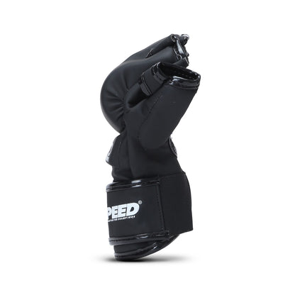 Black Xpeed XP3054 Matt PU MMA glove with cut finger design, featuring a sleek matte finish and padded wrist support.