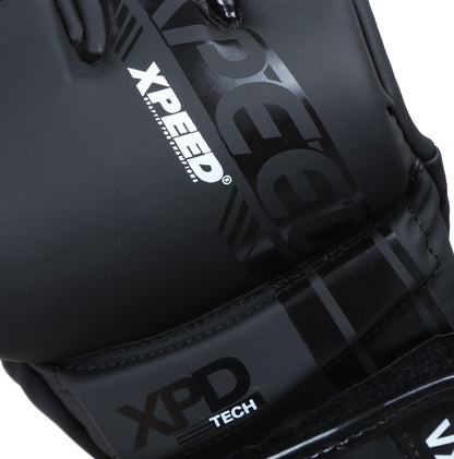 Black Xpeed XP3054 Matt PU MMA glove with cut fingers, designed for training and combat sports, featuring durable, comfortable padding.
