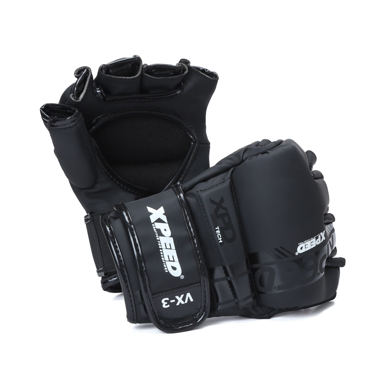 Black Xpeed XP3054 Matt PU MMA glove with cut finger design, featuring padded knuckles and adjustable wrist strap for training.