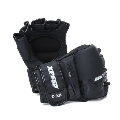 Black Xpeed XP3054 Matt PU MMA glove with cut finger design, featuring padded knuckles and adjustable wrist strap for training.