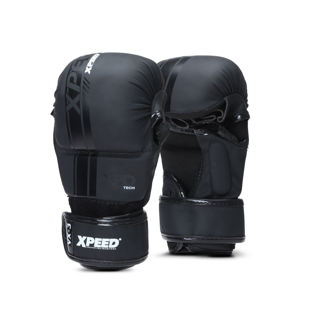 Black Xpeed XP3055 MMA gloves made of matte PU leather, featuring padded construction for striking and training.
