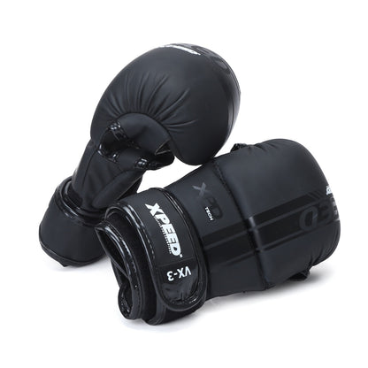 Black Xpeed XP3056 MMA sparring glove with matte finish, padded interior, and adjustable wrist strap for training and combat.