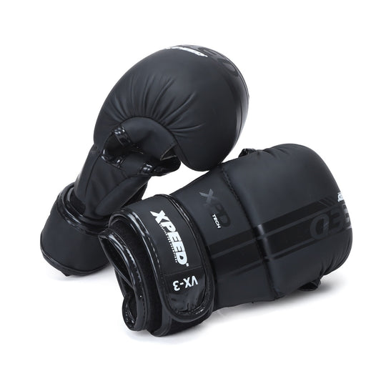 Black Xpeed XP3056 MMA sparring glove with matte finish, padded interior, and adjustable wrist strap for training and combat.