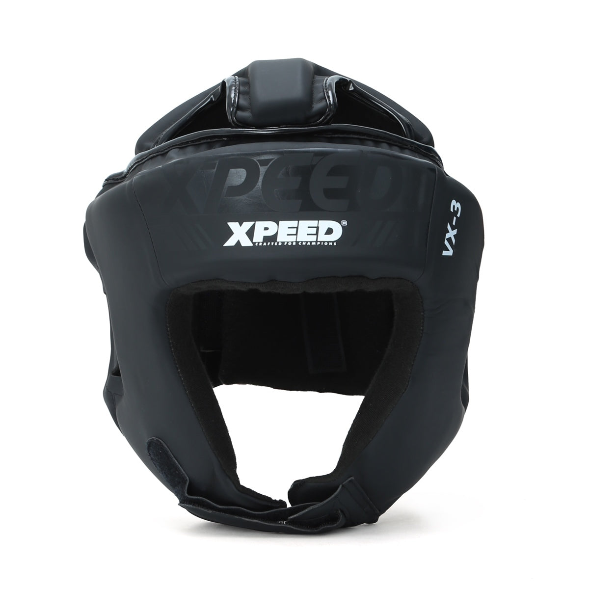Black matte Xpeed XP3057 headguard, padded protective headgear designed for combat sports, featuring adjustable straps and sleek finish.