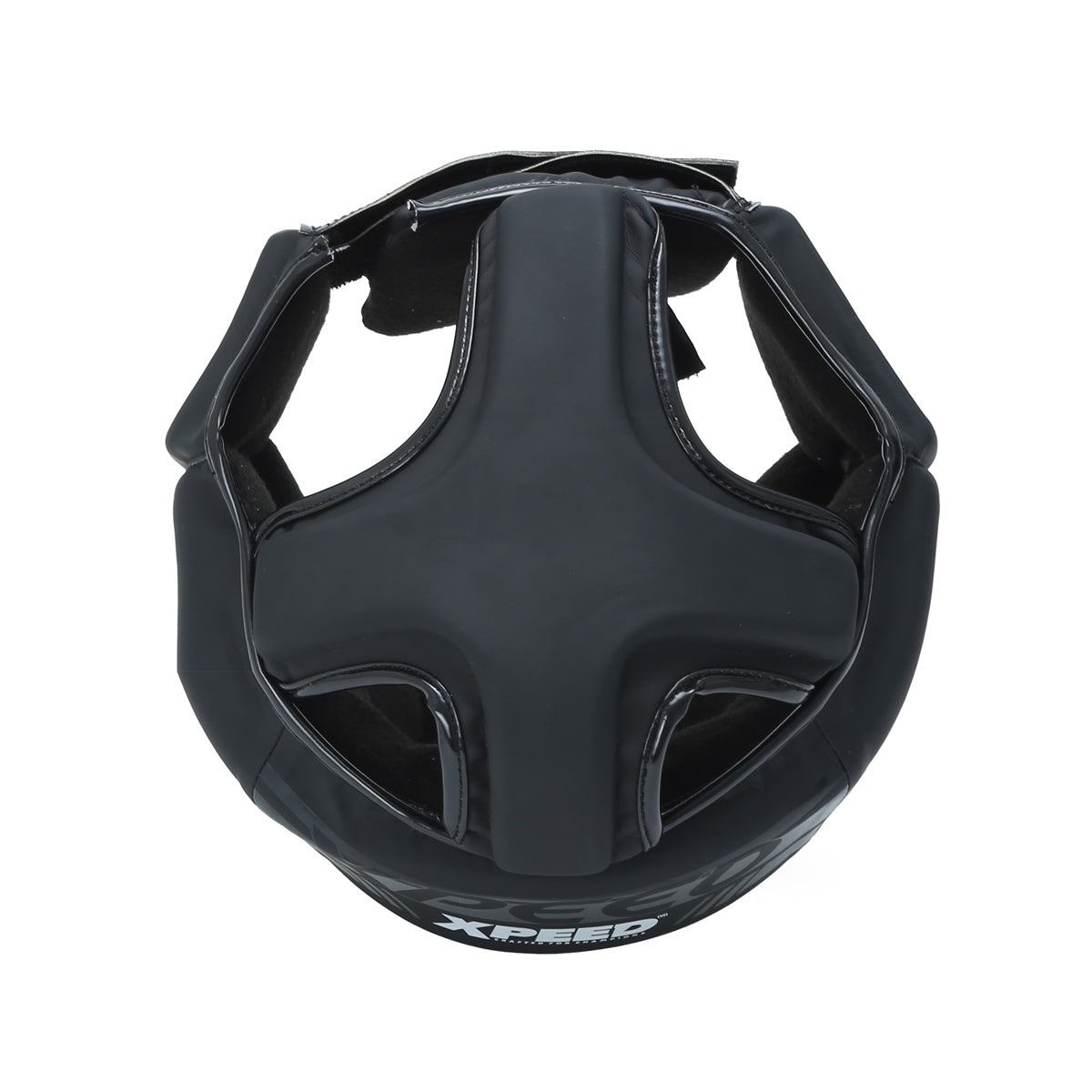 Black matte Xpeed XP3057 Xpeed Matt PU headguard for boxing or martial arts, with padded design and adjustable straps.