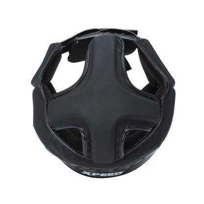Black matte Xpeed XP3057 Xpeed Matt PU headguard for boxing or martial arts, with padded design and adjustable straps.