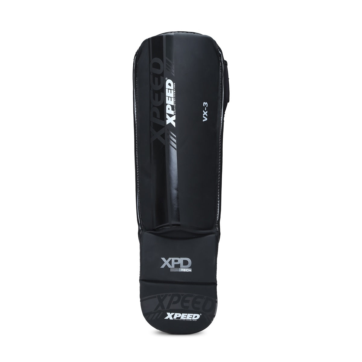 Black Xpeed XP3058 Matt PU grappling shinguard with padded protection and adjustable straps for martial arts training.