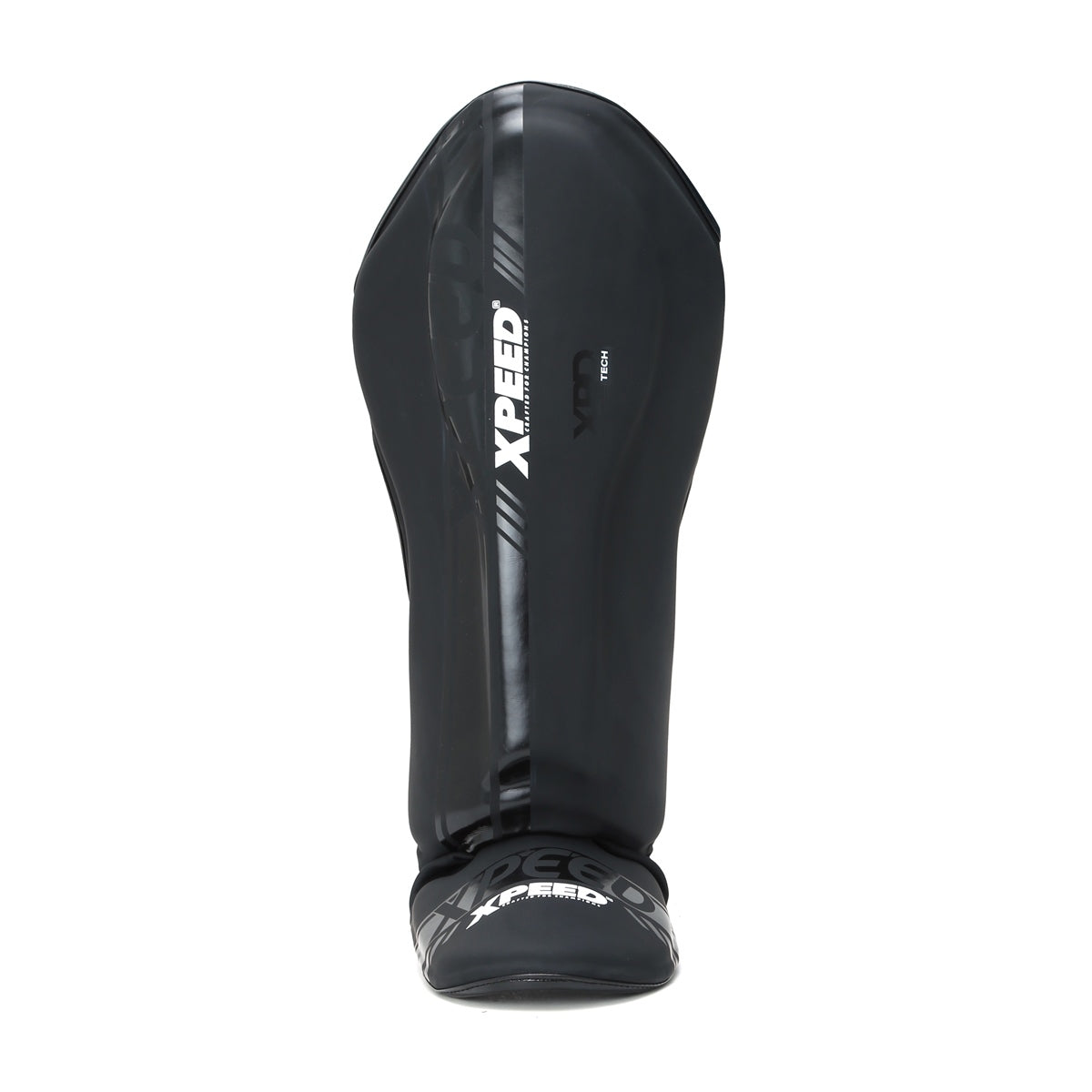 Black matte Xpeed XP3059 stand-up shinguard showing padded front and adjustable straps for secure fit.