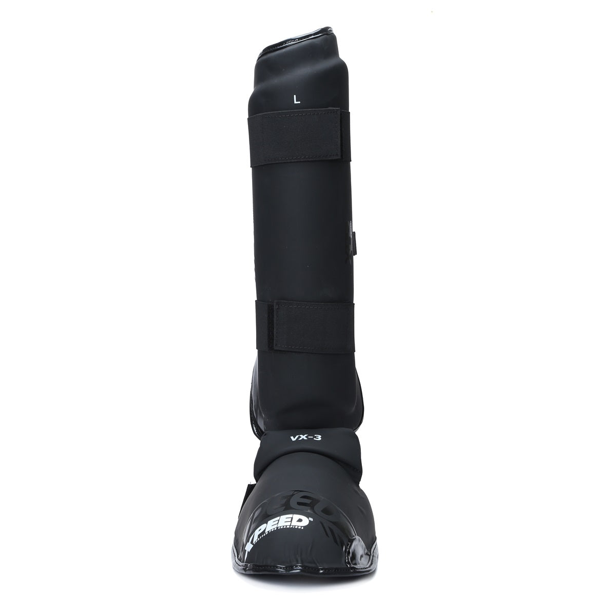 Black Xpeed XP3060 matt PU shinpad with foot strap, designed for protection and comfort during sports activities.