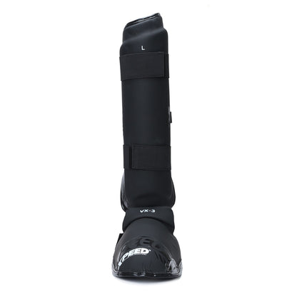 Black Xpeed XP3060 matt PU shinpad with foot strap, designed for protection and comfort during sports activities.