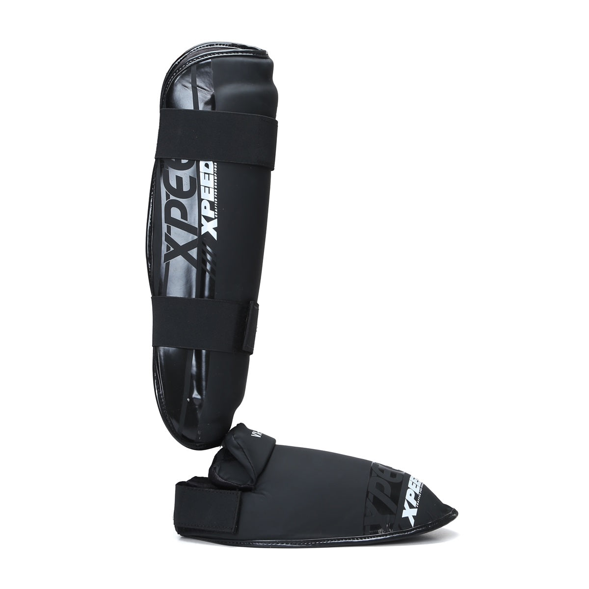 Black matte Xpeed XP3060 Xpeed Matt PU Shinpad with foot, showcasing padded shin protection and adjustable straps.