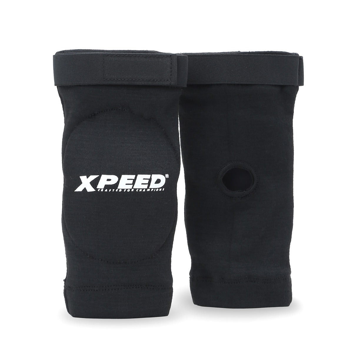 XPEED XP3067 fabric elbow guard with high-density foam support, ideal for gym and MMA training, shown on a model's elbow.