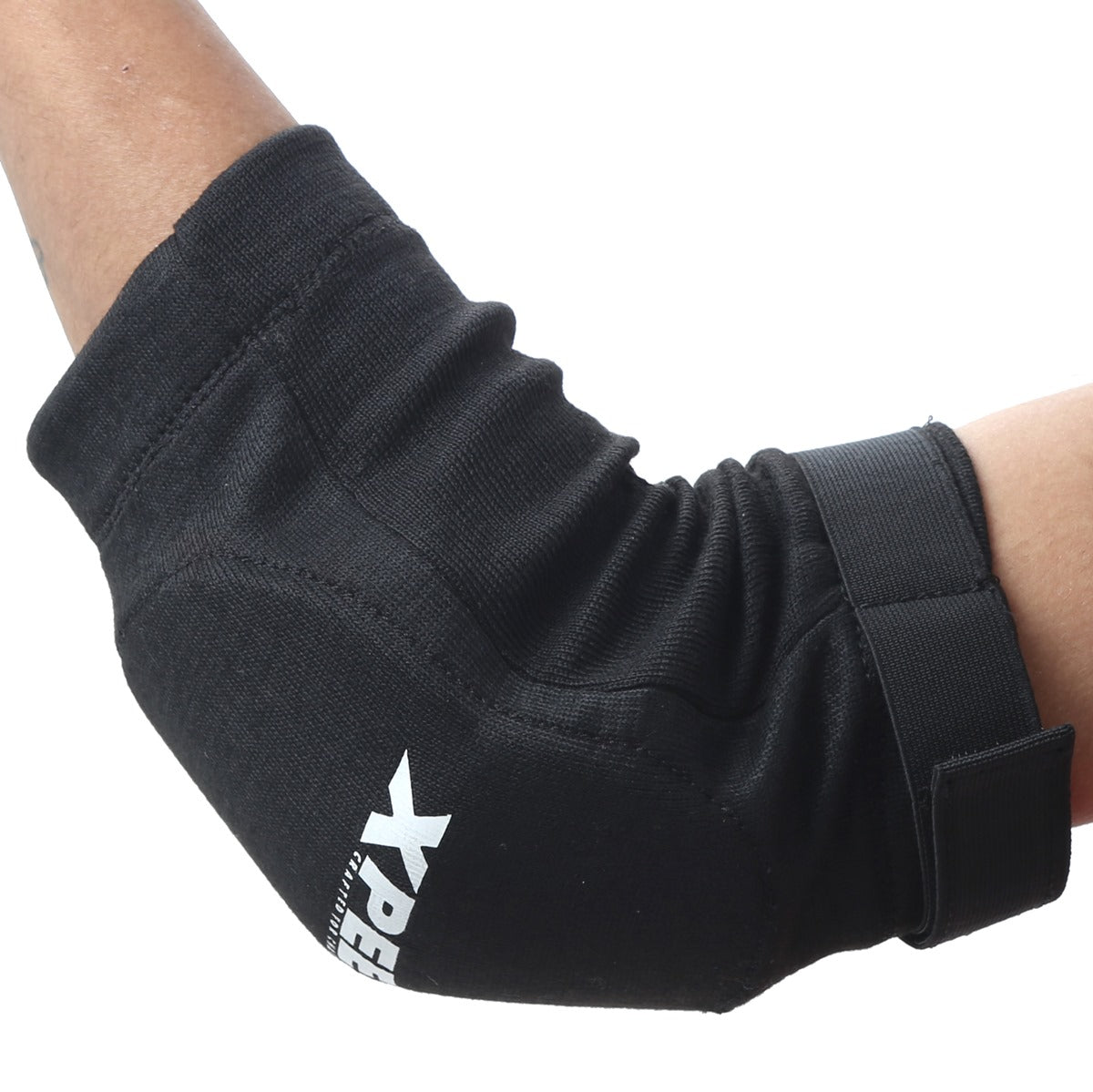 XPEED XP3067 fabric elbow guard with high-density foam support, designed for gym and MMA training, shown on a person's arm.