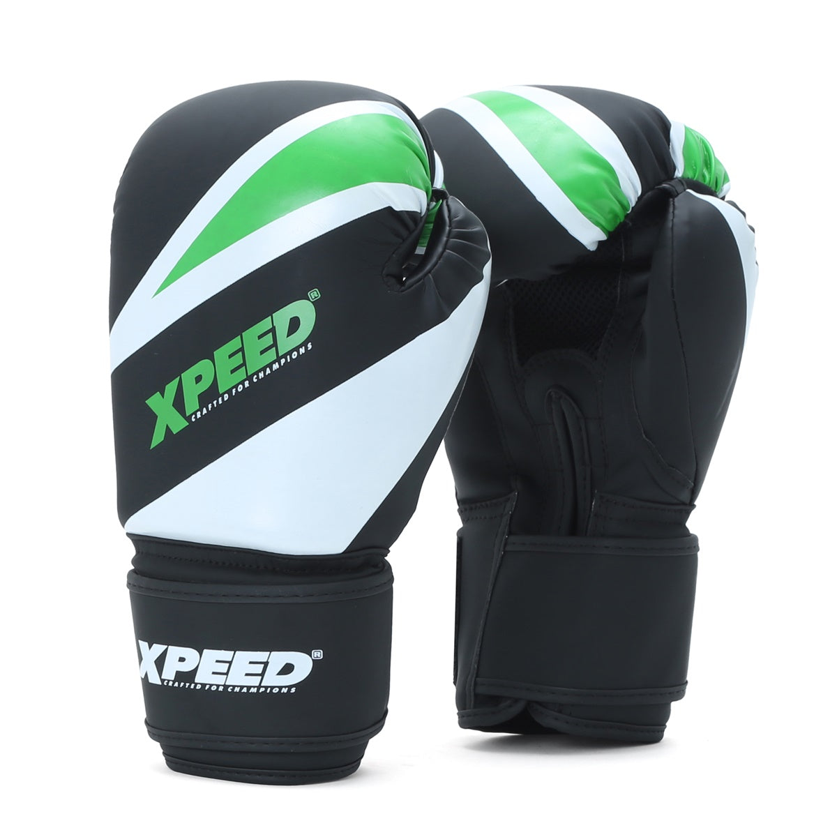 Green XPEED PMFT sparring boxing gloves XP401 with high-density IMF 2.0 PU material, designed for training and combat.