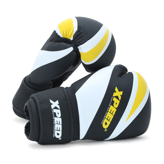 Yellow XPEED XP401 boxing gloves with high-density IMF foam and padded wrist support for sparring and training.